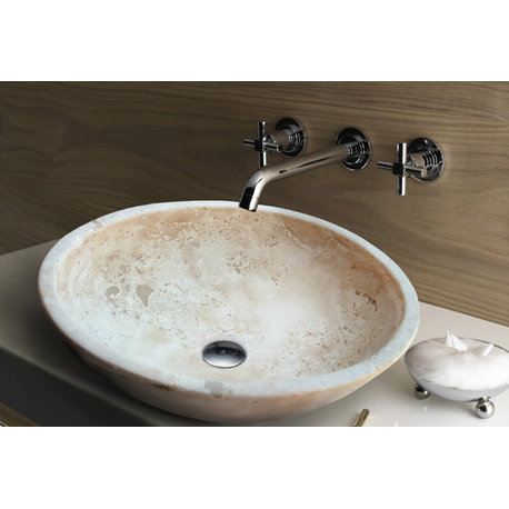 Troia Light Travertine Stone Oval Vessel Sink Polished, (W)16" (L)21" (H)6"