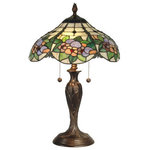 Dale Tiffany - Dale Tiffany TT90179 Chicago - Two Light Table Lamp - Louis Comfort Tiffany�s love of nature shines through again in the lovely floral motif of this pleasant table lamp. Creamy beige art glass is the setting for lush pink, purple and periwinkle flowers. Grouped together against verdant green foliage and accented with deep ruby art glass jewels, the design is highlighted with intricate filigree overlay, which gives the impression of moss growing amongst the flowers. The graduated pedestal base features a leaf pattern and is finished in antique bronze, which adds to the natural feel of the lamp and makes this an excellent choice for sun rooms, bedrooms, sitting rooms and family rooms.   Shade Included.  Cube: 2.84Chicago Two Light Table Lamp Antique Bronze Hand Rolled Art Glass *UL Approved: YES *Energy Star Qualified: n/a  *ADA Certified: n/a  *Number of Lights: Lamp: 2-*Wattage:60w E27 bulb(s) *Bulb Included:No *Bulb Type:E27 *Finish Type:Antique Bronze