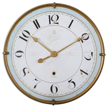 Gold Rimmed Round Metal Wall Clock, Cottage Light Blue Ivory Vintage Style