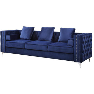 ACME Bovasis Button Tufted Velvet Upholstery Sofa with Nailhead Trim in Blue