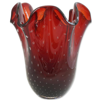 Novica Handmade Red Splash Art Glass Vase (14 Inch)