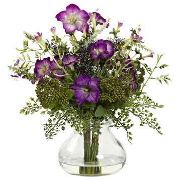 Mixed Morning Glory With Vase, Purple and Green
