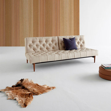 Innovation Oldschool Chesterfield Sofa Bed | Natural Khaki | Dark Wood Legs