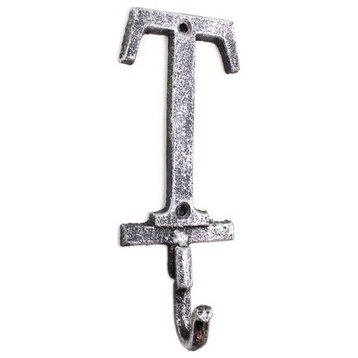 Rustic Silver Cast Iron Letter T Alphabet Wall Hook 6''
