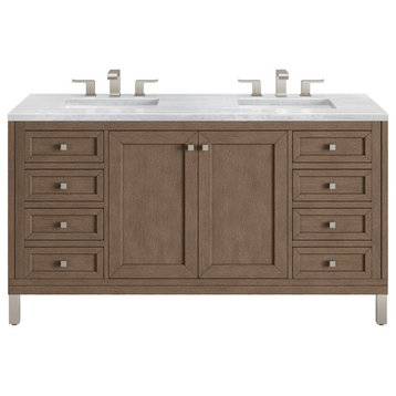 Chicago 60" Double Vanity Whitewashed Walnut, Arctic Fall Top