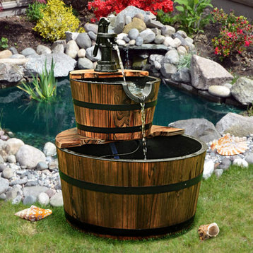 3 Gallons 23" Decorative 2-Tier Wood Wine Barrel Fountain with Adjustable Pump, Medium #Pl50066