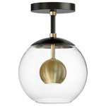 ET2 - Nucleus LED Flush Mount, Black / Natural Aged Brass - Three sizes of thick Clear glass orbs are suspended displaying a small aluminum sphere encompassed within. Discretely recessed dedicated LED provides ample lighting without glare. Branching out from a central structural column the striking Black and Satin Brass combination an additional LED light source directs light downward. These atomically inspired fixtures are sure to make a statement.