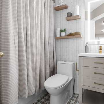 Modern Farmhouse Bathroom with Taupe Vanity and Patterned Tile