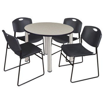 Kee 36" Round Breakroom Table- Maple/ Chrome & 4 Zeng Stack Chairs- Black