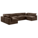 Meridian Furniture - Comfy Upholstered U-Shaped Modular Sectional, Brown, 6-Piece: 4 Armless Chair, 2 Corner Chair, Velvet - Give your space a whole new look with this brown Comfy velvet sectional. This handsome sectional fits nicely with other items in the Comfy collection and is a versatile seating option designed for adaptability, comfort and style. Wrapped in rich brown durable velvet upholstery, this sectional offers a plush embrace of overstuffed down feather cushions, carefully crafted to deliver the highest level of comfort. The perfect seat for creating an oasis for relaxation, this sectional has thick foam surrounding its frame for added support and coziness.
