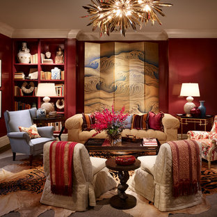 Trendy carpeted living room photo in Chicago with red walls