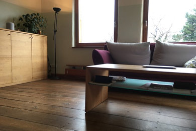 Großes, Fernseherloses, Offenes Modernes Wohnzimmer mit grüner Wandfarbe, dunklem Holzboden, Kamin, Kaminumrandung aus Stein und braunem Boden in Dortmund