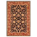 Bareens Designer Rugs - Shabby Chic Ziegler Janae Black Red Hand-Knotted Wool Rug - 6'1'' x 9'0'' - Enhance the ambiance of your home with this magnificent Persian-influenced Turkish hand-knotted rug made by skilled artisans capable of creating the most exceptional vegetable dyes and hand-spun wool. This exquisite handmade rug is a one-of-a-kind Peshawar Kafkaz, otherwise identified as Chobi, Chobi Peshawar, Oushak, or Ziegler rug. These handmade rugs are crafted in Pakistan utilizing superior-quality wool imported from Australia, New Zealand, and Korea in two types of weaves: the Persian weave and the Mori weave. This rug is meticulously crafted by hand using the finest natural vegetable dyes extracted from local plants. The artisans use a blend of hand-spun local and fine merino wool, resulting in a rug with a compelling texture, higher lanolin content, and longer staple. The artisans occasionally incorporate natural or artificial silk into the pile to enhance specific motifs. The finished product is an awe-inspiring execution of flawless design and an understated palette that exudes elegance.