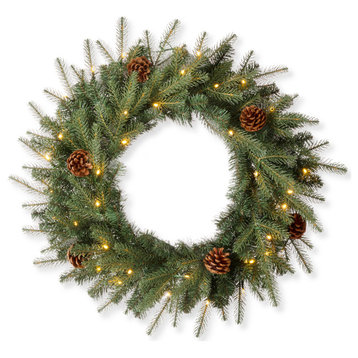 24"D Pre-Lit Greenery Pine Cone Christmas Wreath With Warm White LED Light