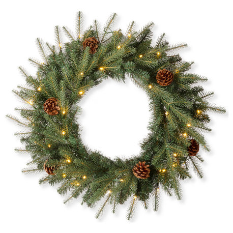 24"D Pre-Lit Greenery Pine Cone Christmas Wreath With Warm White LED Light