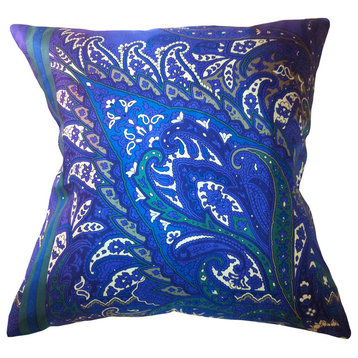 Fiore Exploded Vintage Silk Print Paisley Pillow, Piquant Blue