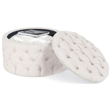 Contemporary Round Storage Ottoman, Button Tufted Polyester Upholstery, Oatmeal