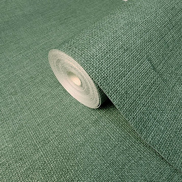 Rustic Green plain faux fabric vinyl non woven textured Wallpaper, 21 Inc X 33 Ft Roll