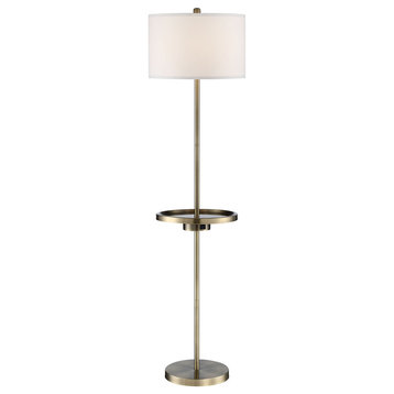 Floor Lamp With Tray, Antique Bronze With White Fabric Shade