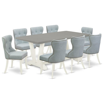 East West Furniture V-Style 9-piece Wood Dining Room Table Set in White/Blue