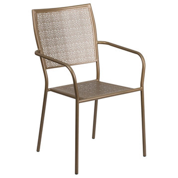 Gold Indoor-Outdoor Steel Patio Arm Chair With Square Back