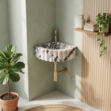 Calacatta Viola Marble Ribbed Corner Wall-Mount Sink - 20"x20"x7"