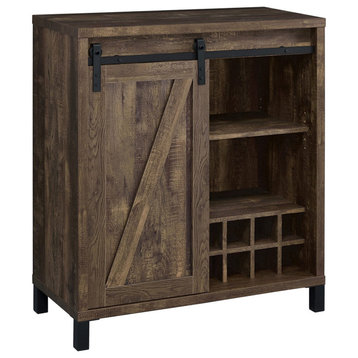 Wood Bar Cabinet with Wine Rack and shelves, Rustic Oak and Black
