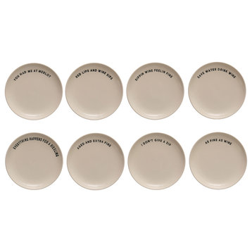 6" Round Stoneware Plates Dinnerware Set, Text Print Designs, Cream, Set of 8