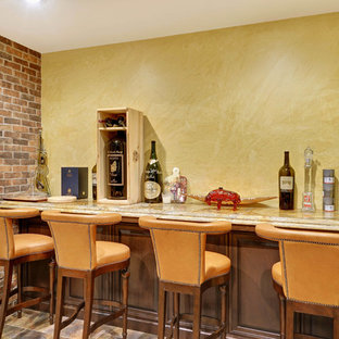 Photo of a medium sized traditional fully buried basement in New York with yellow walls.
