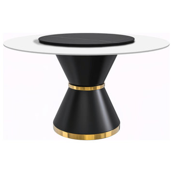 LeisureMod Qorvus Dining Table with 60" Top and Black/Gold Pedestal Base, Solid White