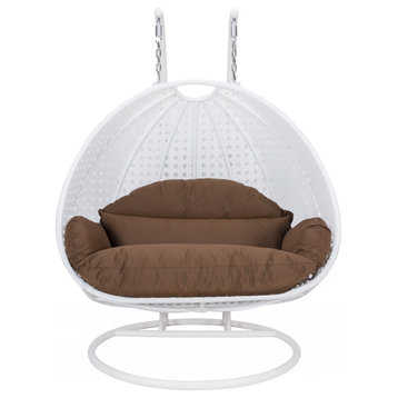 2 Person White Wicker Double Hanging Egg Swing Chair, Brown