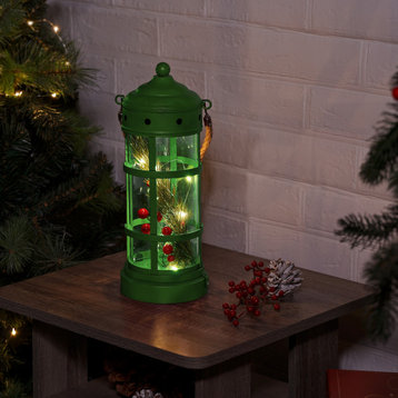 Metal and Glass Lantern with Warm White LED Lights, Green