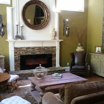 Fireplace Remodel with slate ledger stone and electric insert