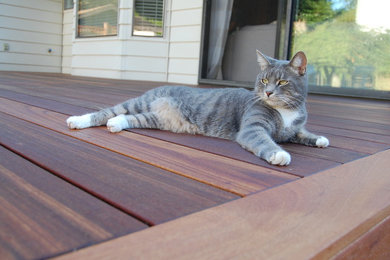 Example of a mid-sized trendy backyard deck design in Vancouver with no cover
