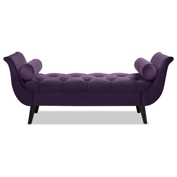 Alma Tufted Flared Arm Entryway Bench with Bolster Pillows, Purple Velvet