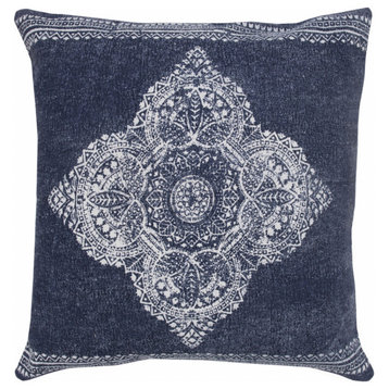 20" X 20" Dark Blue And White 100% Cotton Geometric Zippered Pillow