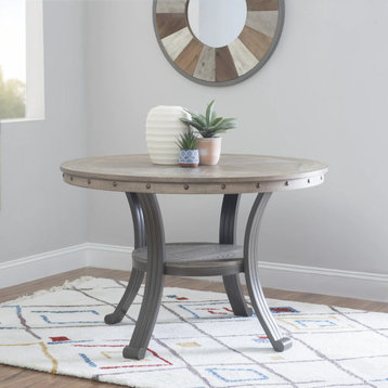 Rustic Dining Table, Metal Legs With Round Top & Lower Open Shelf, Pewter