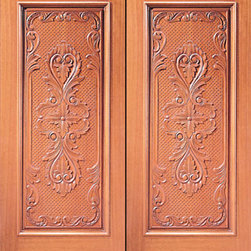 Mahogany Prehung Double Door, Hand Carved One Panel - Front Doors