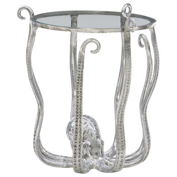 Contemporary Indoor/Outdoor End Table, Octopus Aluminum Body & Glass Top, Silver