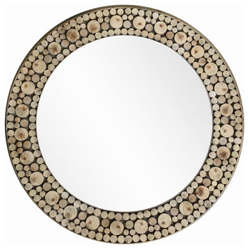 Log Mosaic Mirror Natural Wooden Round Wall Mirror 33"H33"W