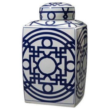 Blue and White Patterned Porcelain Square Tea Jar Caddie 16"
