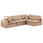 Meridian Furniture - Comfy Upholstered L-Shaped Modular Sectional, Tan, 4-Piece: 2 Armless Chair, 2 Corner Chair, Vegan Leather - Give your space a whole new look with this tan Comfy vegan leather sectional. This handsome sectional fits nicely with other items in the Comfy collection and is a versatile seating option designed for adaptability, comfort and style. Wrapped in rich tan durable vegan leathered upholstery, this sectional offers a plush embrace of overstuffed down feather cushions, carefully crafted to deliver the highest level of comfort. The perfect seat for creating an oasis for relaxation, this sectional has thick foam surrounding its frame for added support and coziness.