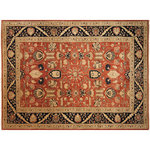 Bareens Designer Rugs - Bohemien Ziegler Tasha Rust Blue Hand-Knotted Wool Rug - 9'10'' x 13'11'' - Enhance the ambiance of your home with this magnificent Persian-influenced Turkish hand-knotted rug made by skilled artisans capable of creating the most exceptional vegetable dyes and hand-spun wool. This exquisite handmade rug is a one-of-a-kind Peshawar Kafkaz, otherwise identified as Chobi, Chobi Peshawar, Oushak, or Ziegler rug. These handmade rugs are crafted in Pakistan utilizing superior-quality wool imported from Australia, New Zealand, and Korea in two types of weaves: the Persian weave and the Mori weave. This rug is meticulously crafted by hand using the finest natural vegetable dyes extracted from local plants. The artisans use a blend of hand-spun local and fine merino wool, resulting in a rug with a compelling texture, higher lanolin content, and longer staple. The artisans occasionally incorporate natural or artificial silk into the pile to enhance specific motifs. The finished product is an awe-inspiring execution of flawless design and an understated palette that exudes elegance.