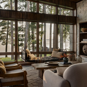 Antique Elm Paneling in Interlachen Modern Lakehouse Sunroom