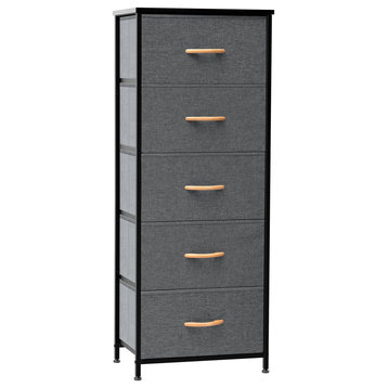 5 Drawers Wide Dresser Storage Tower Wood Top,Easy Pull Fabric Bins, Gray