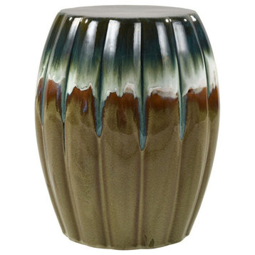 Earthenware Stool Reactive Glaze in Brown White and Blue Colors Drum Shaped