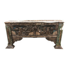 Mogul Interior - Consigne Antique Media Console Table Rustic Wooden Reclaimed Hall Table - Console Tables