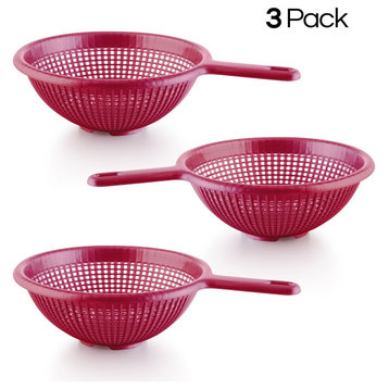 YBM Home Plastic Deep Colander Strainers with Long Handle, 8.5 Inches (3 PACK), Red