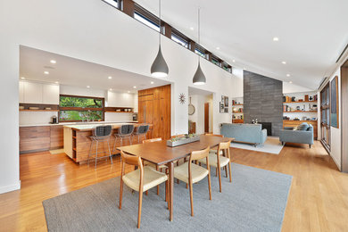 Minimalist dining room photo in San Francisco with white walls, a standard fireplace and a stone fireplace