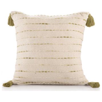 20" X 20" Olive Green And Ivory 100% Cotton Striped Zippered Pillow